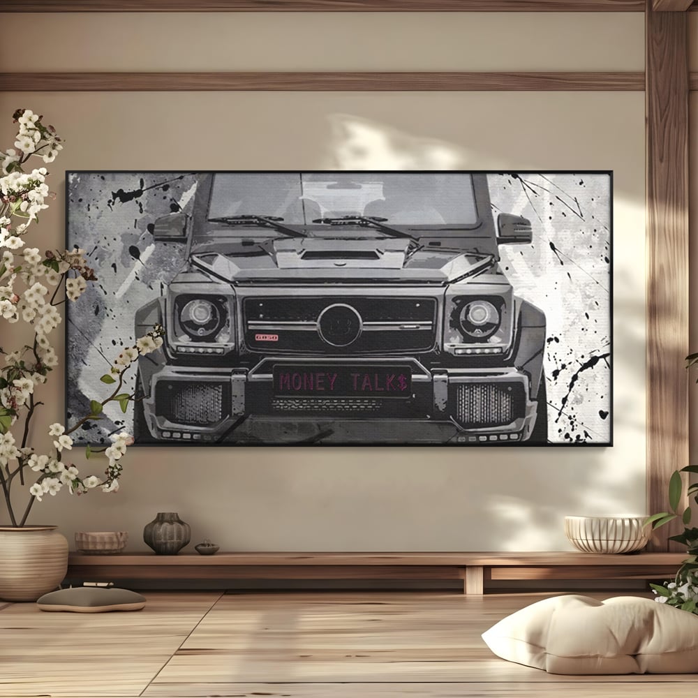 Tablou canvas cu tablou canvas cu masina mercedes neagra, in rama de aluminiu negru